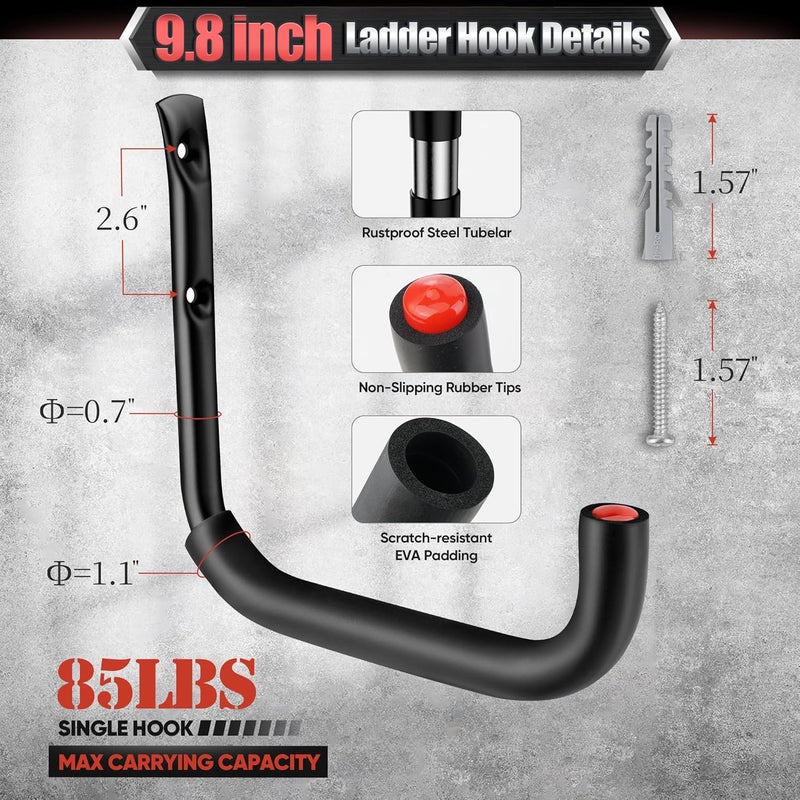 Nacial 20 Pack Garage Hooks Heavy Duty, 9.8" & 3.5" Garage Wall Hook with EVA Pads, 100LBS Capacity Hooks for Hanging Bikes, Kayak Folding Chairs and Hanging Ladders - Image 3
